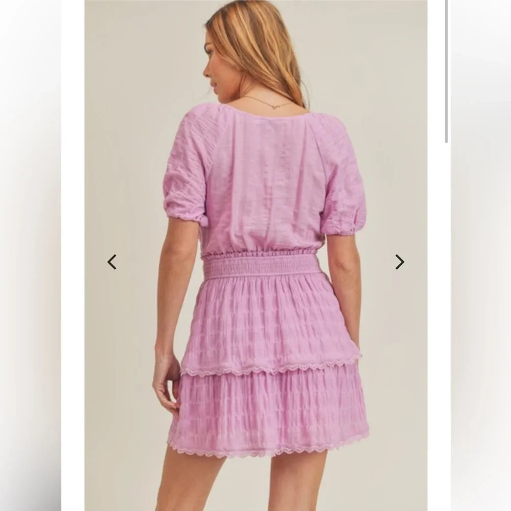 Women’s Resortwear Pink Cotton Puff Sleeve Wrap Tiered Pink Purple Mini Dress - Picture 3 of 12